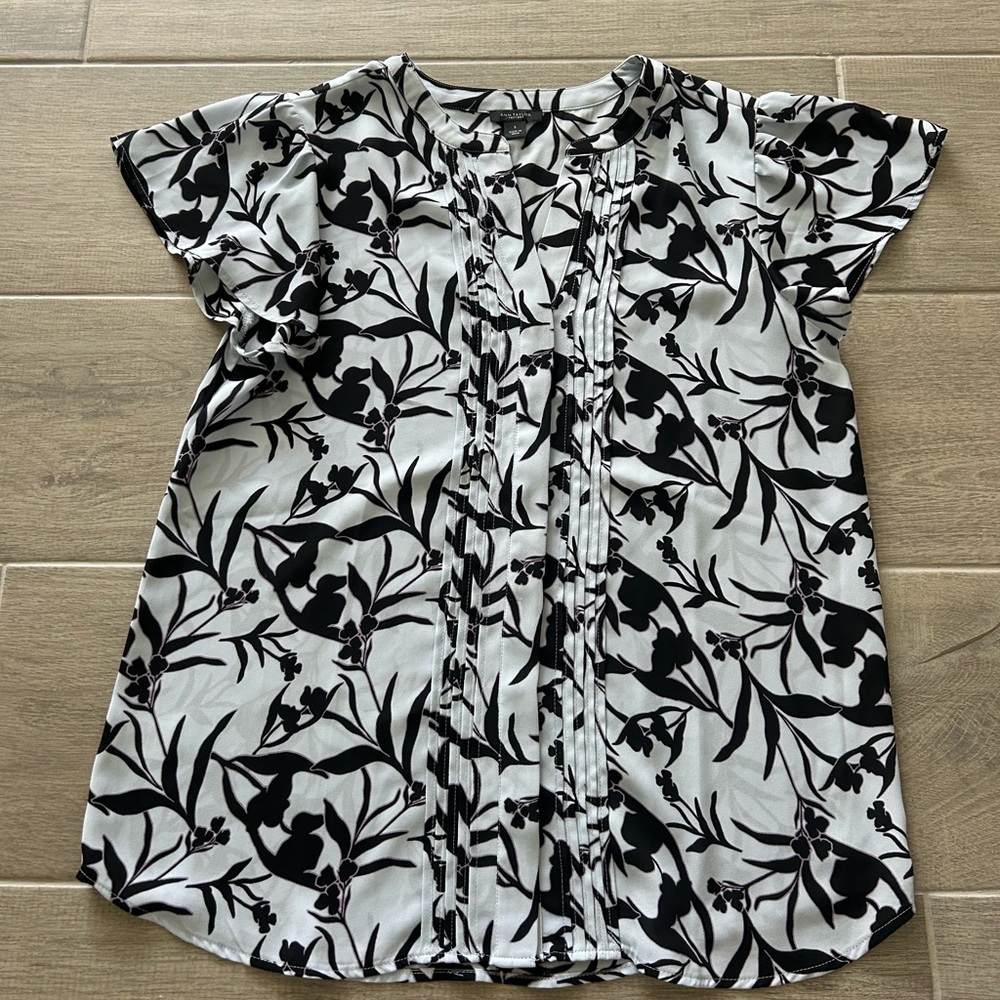 Ann Taylor Black and sky blue Floral Blouse